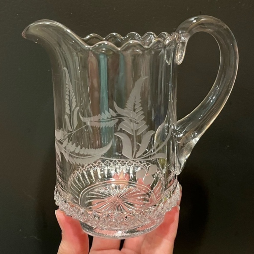 Vintage EAPG DAKOTA 5” Creamer Pitcher with Etched Fern Leaf & Starburst Bottom